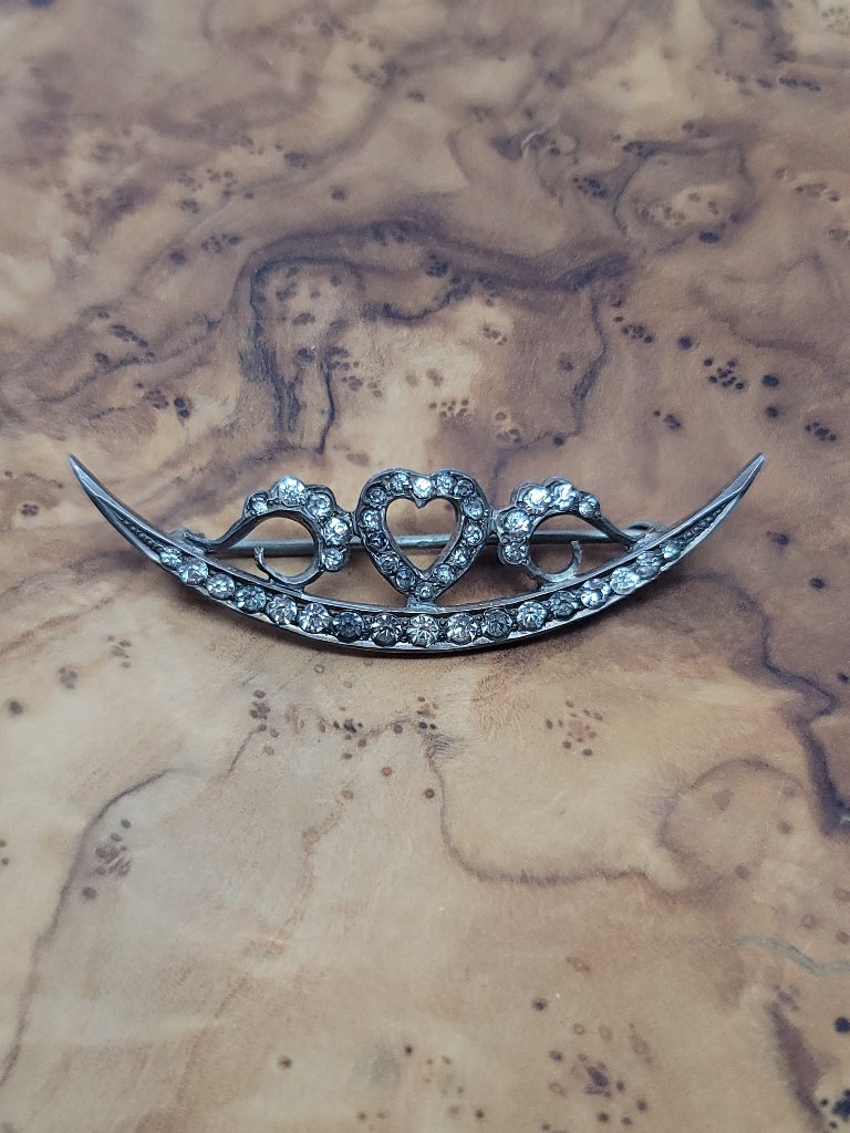 Antique Edwardian Sterling & Paste Hearts & Crescent Brooch